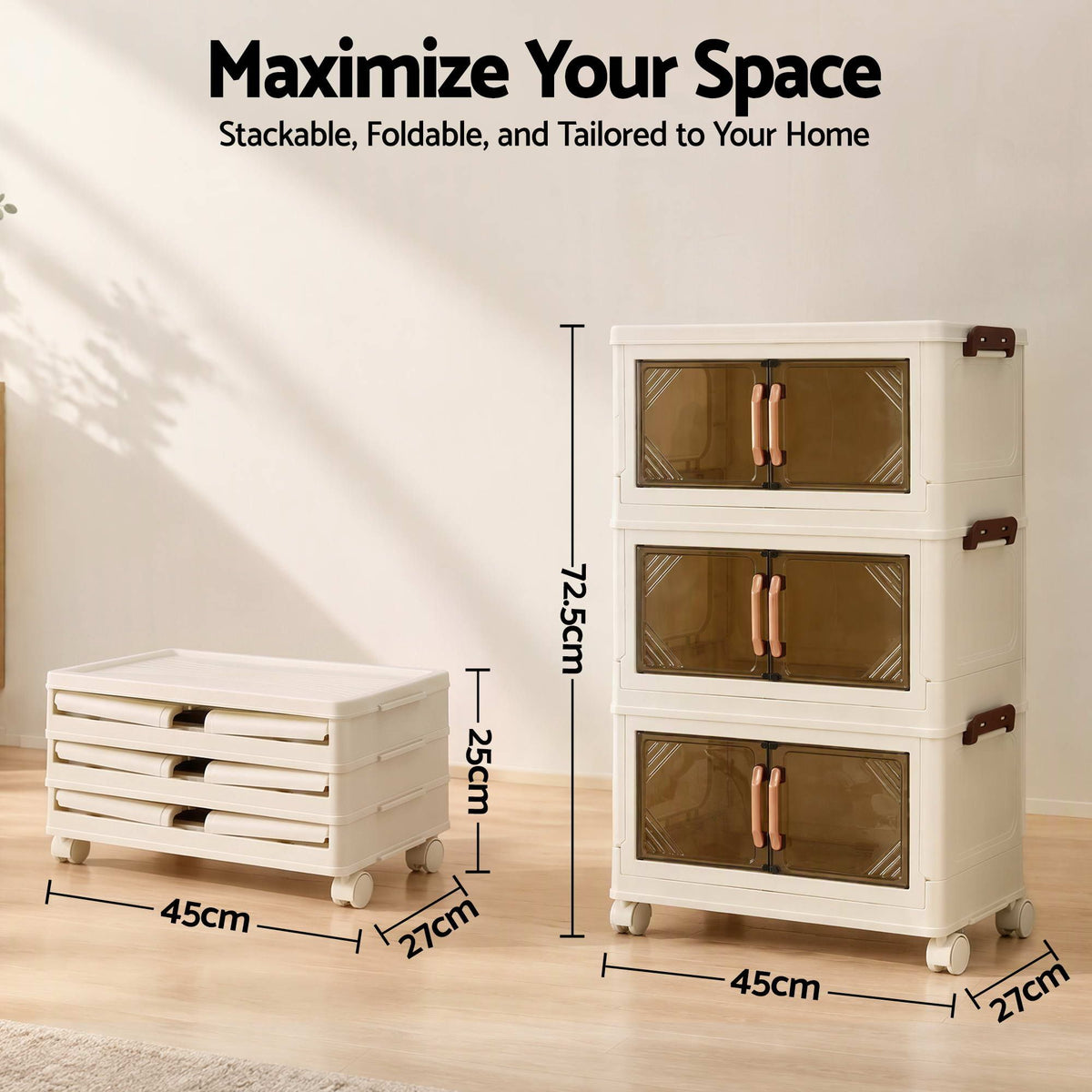 Artiss 3-Tier Foldable Storage Cabinet Stackable Box Clear Magnetic Door White-Home &amp; Garden > Storage > Storage Boxes-PEROZ Accessories