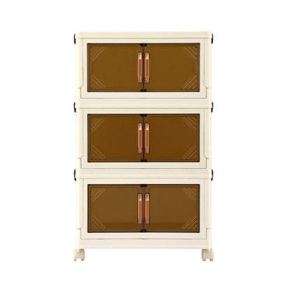 Artiss 3-Tier Foldable Storage Cabinet Stackable Box Clear Magnetic Door White-Home &amp; Garden > Storage > Storage Boxes-PEROZ Accessories