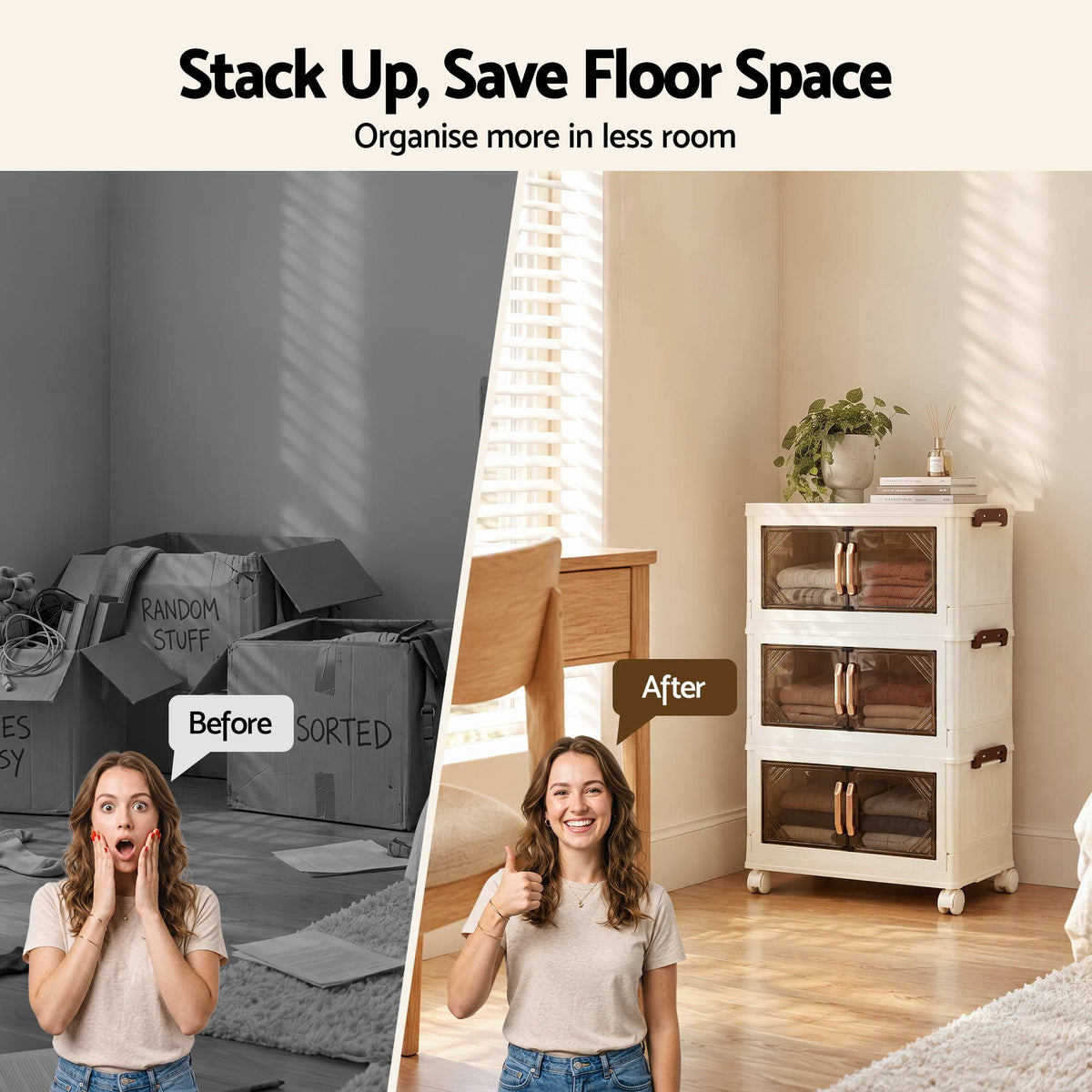 Artiss 3-Tier Foldable Storage Cabinet Stackable Box Clear Magnetic Door White-Home &amp; Garden > Storage > Storage Boxes-PEROZ Accessories