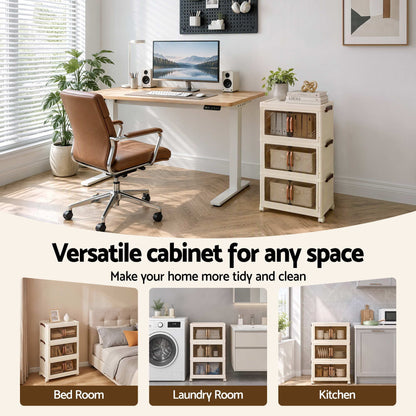 Artiss 3-Tier Foldable Storage Cabinet Stackable Box Clear Magnetic Door White-Home &amp; Garden > Storage > Storage Boxes-PEROZ Accessories
