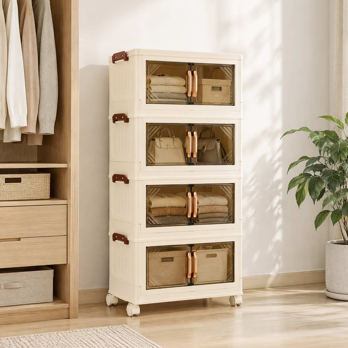Artiss 4-Tier Foldable Storage Cabinet Stackable Box Clear Magnetic Door White-Home &amp; Garden > Storage > Storage Boxes-PEROZ Accessories