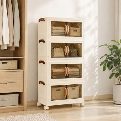 Artiss 4-Tier Foldable Storage Cabinet Stackable Box Clear Magnetic Door White-Home &amp; Garden > Storage > Storage Boxes-PEROZ Accessories