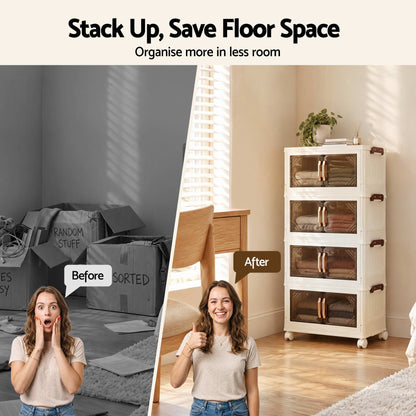 Artiss 4-Tier Foldable Storage Cabinet Stackable Box Clear Magnetic Door White-Home &amp; Garden > Storage > Storage Boxes-PEROZ Accessories