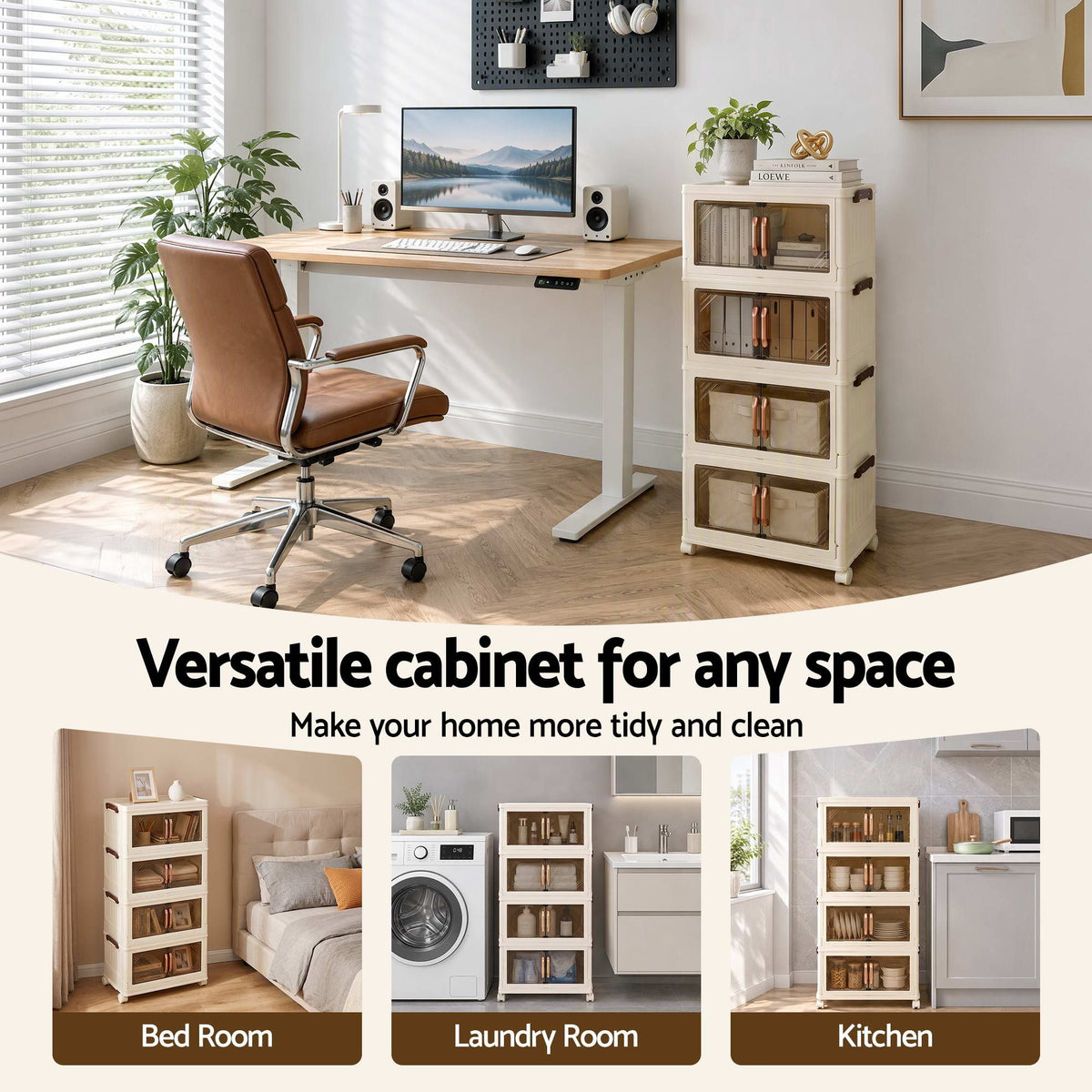 Artiss 4-Tier Foldable Storage Cabinet Stackable Box Clear Magnetic Door White-Home &amp; Garden > Storage > Storage Boxes-PEROZ Accessories