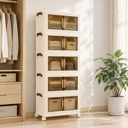 Artiss 5-Tier Foldable Storage Cabinet Stackable Box Clear Magnetic Door White-Home &amp; Garden > Storage > Storage Boxes-PEROZ Accessories