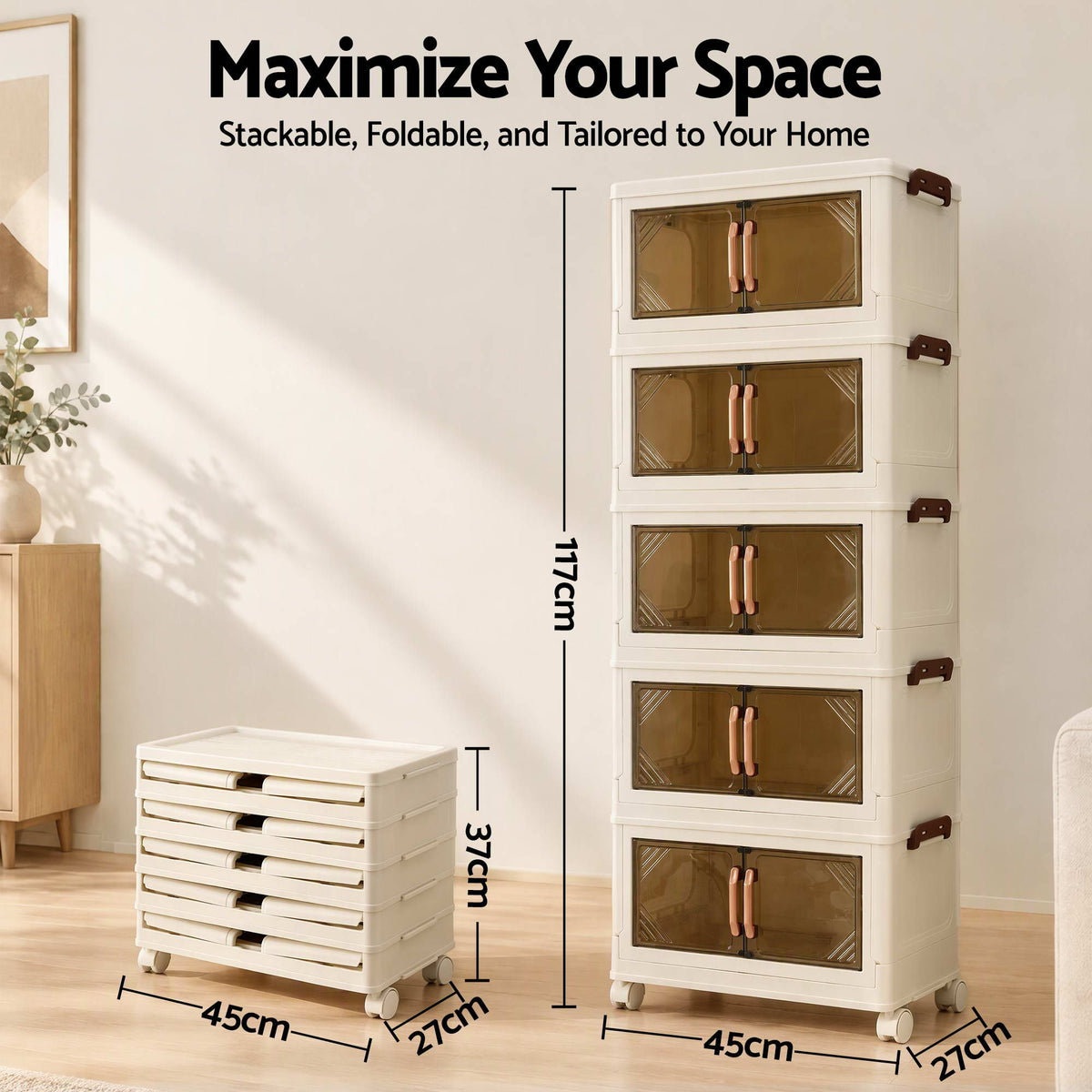 Artiss 5-Tier Foldable Storage Cabinet Stackable Box Clear Magnetic Door White-Home &amp; Garden > Storage > Storage Boxes-PEROZ Accessories