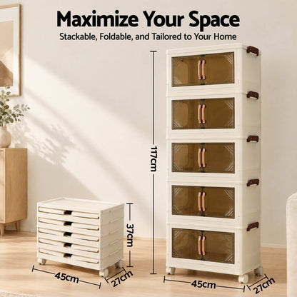 Artiss 5-Tier Foldable Storage Cabinet Stackable Box Clear Magnetic Door White-Home &amp; Garden > Storage > Storage Boxes-PEROZ Accessories