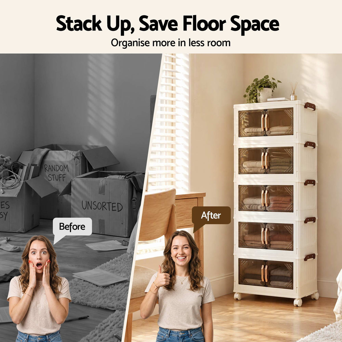 Artiss 5-Tier Foldable Storage Cabinet Stackable Box Clear Magnetic Door White-Home &amp; Garden > Storage > Storage Boxes-PEROZ Accessories