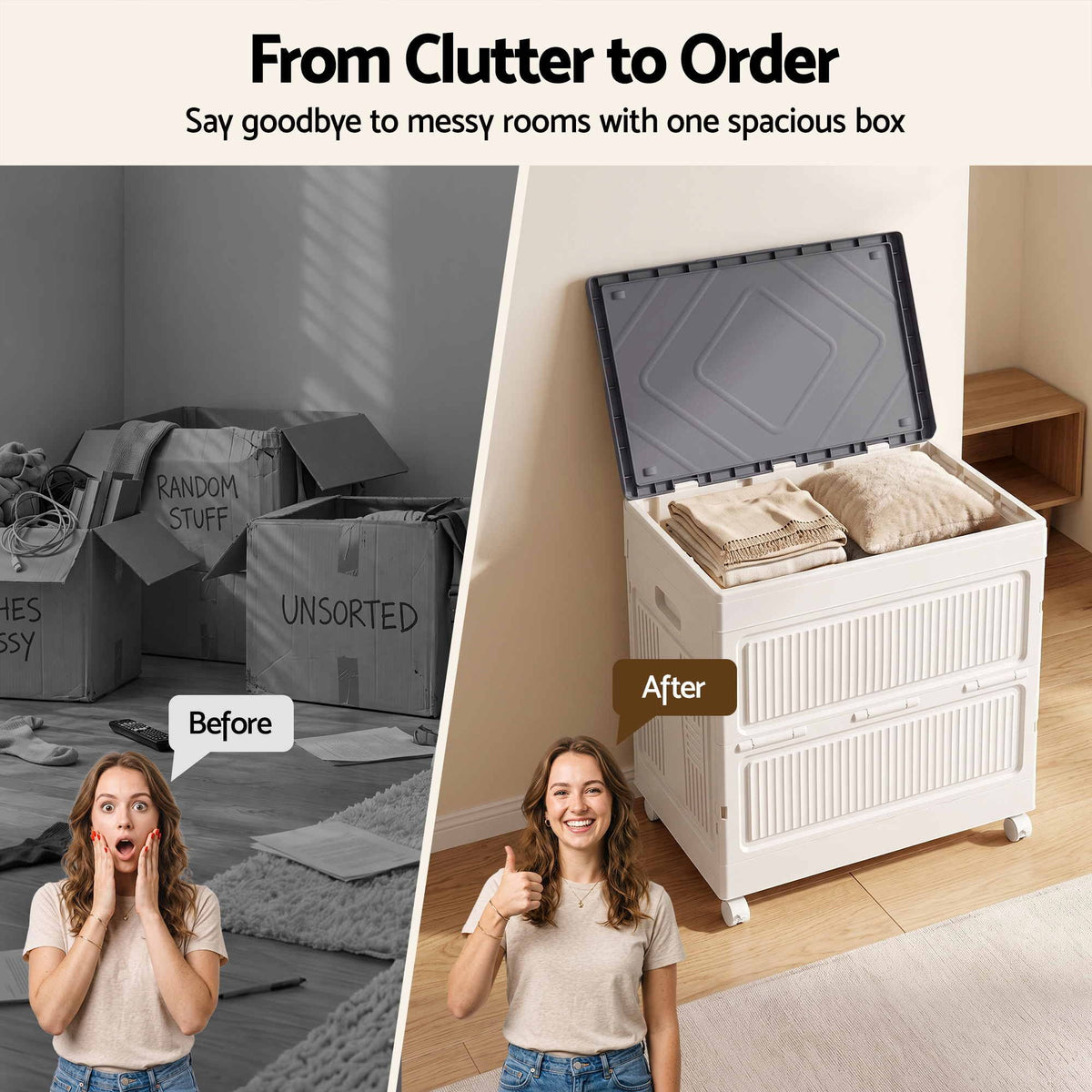Artiss Foldable Storage Cabinet Stackable Box Flip-Top Rolling Organiser White-Home &amp; Garden > Storage > Storage Boxes-PEROZ Accessories