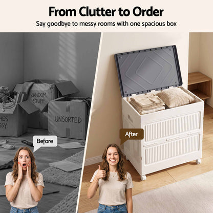 Artiss Foldable Storage Cabinet Stackable Box Flip-Top Rolling Organiser White-Home &amp; Garden > Storage > Storage Boxes-PEROZ Accessories