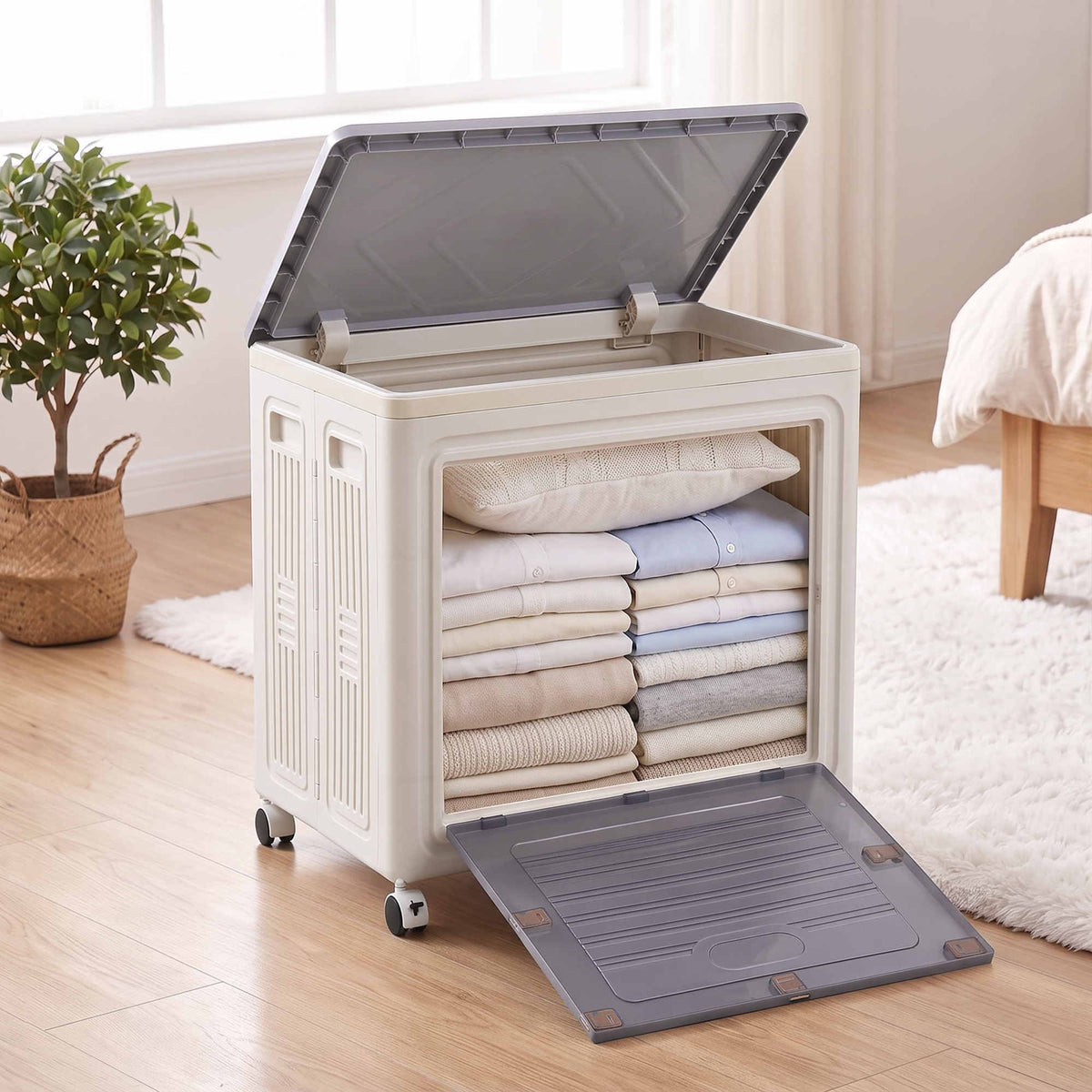 Artiss Foldable Storage Cabinet Stackable Box 2 Doors Rolling Organiser White-Home &amp; Garden > Storage > Storage Boxes-PEROZ Accessories