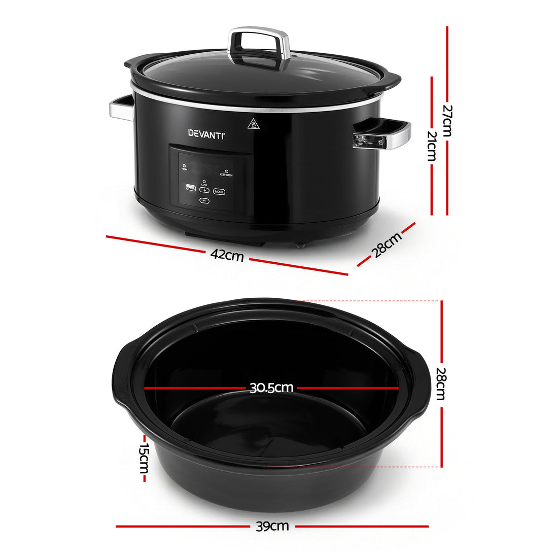 Devanti 8L Slow Cooker Electric Multi Cooker with 3 Heat Settings and Keep Warm Function-Appliances > Kitchen Appliances > Rice Cookers &amp; Steamers-PEROZ Accessories