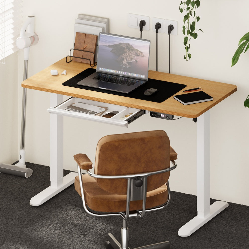Oikiture 120CM Electric Standing Desk with Drawer Height Adjustable White &amp; Oak-Standing Desk-PEROZ Accessories