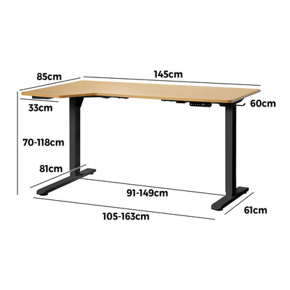 Oikiture L-shape Electric Standing Desk Single Motor 145CM Black &amp; Oak-Standing Desk-PEROZ Accessories