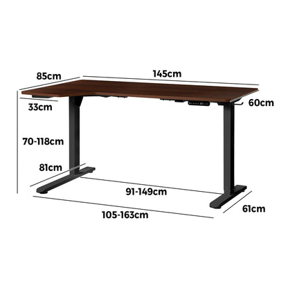 Oikiture L-shape Electric Standing Desk Single Motor 145CM Black &amp; Walnut-Standing Desk-PEROZ Accessories