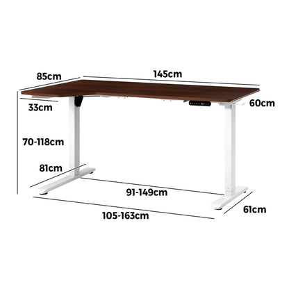 Oikiture L-shape Electric Standing Desk Single Motor 145CM White &amp; Walnut-Standing Desk-PEROZ Accessories