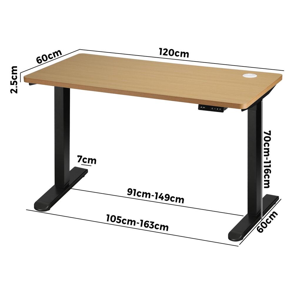 Oikiture Standing Desk Electric Height Adjustable Motorised Sit Stand Desk Rise - Black/Oak - 1200mm x 600mm-Office Desks-PEROZ Accessories