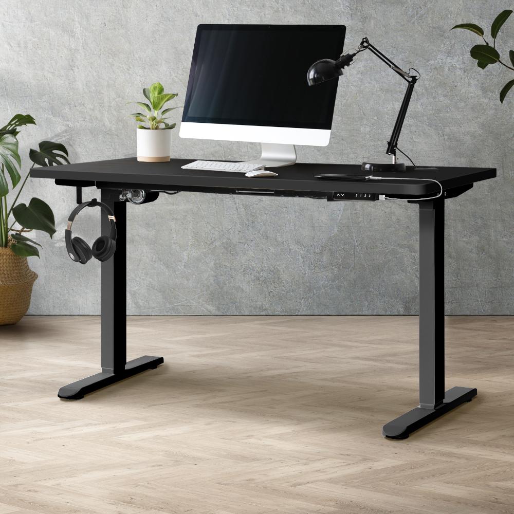 Oikiture Standing Desk Electric Height Adjustable Motorised Sit Stand Desk Rise - Black/Black - 1400mm x 700mm-Standing Desks-PEROZ Accessories