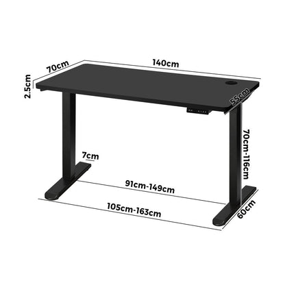 Oikiture Standing Desk Electric Height Adjustable Motorised Sit Stand Desk Rise - Black/Black - 1400mm x 700mm-Standing Desks-PEROZ Accessories