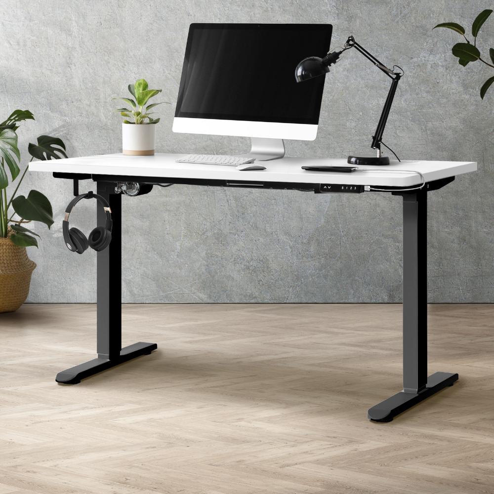 Oikiture Standing Desk Electric Height Adjustable Motorised Sit Stand Desk Rise - Black/White - 1400mm x 700mm-Standing Desks-PEROZ Accessories