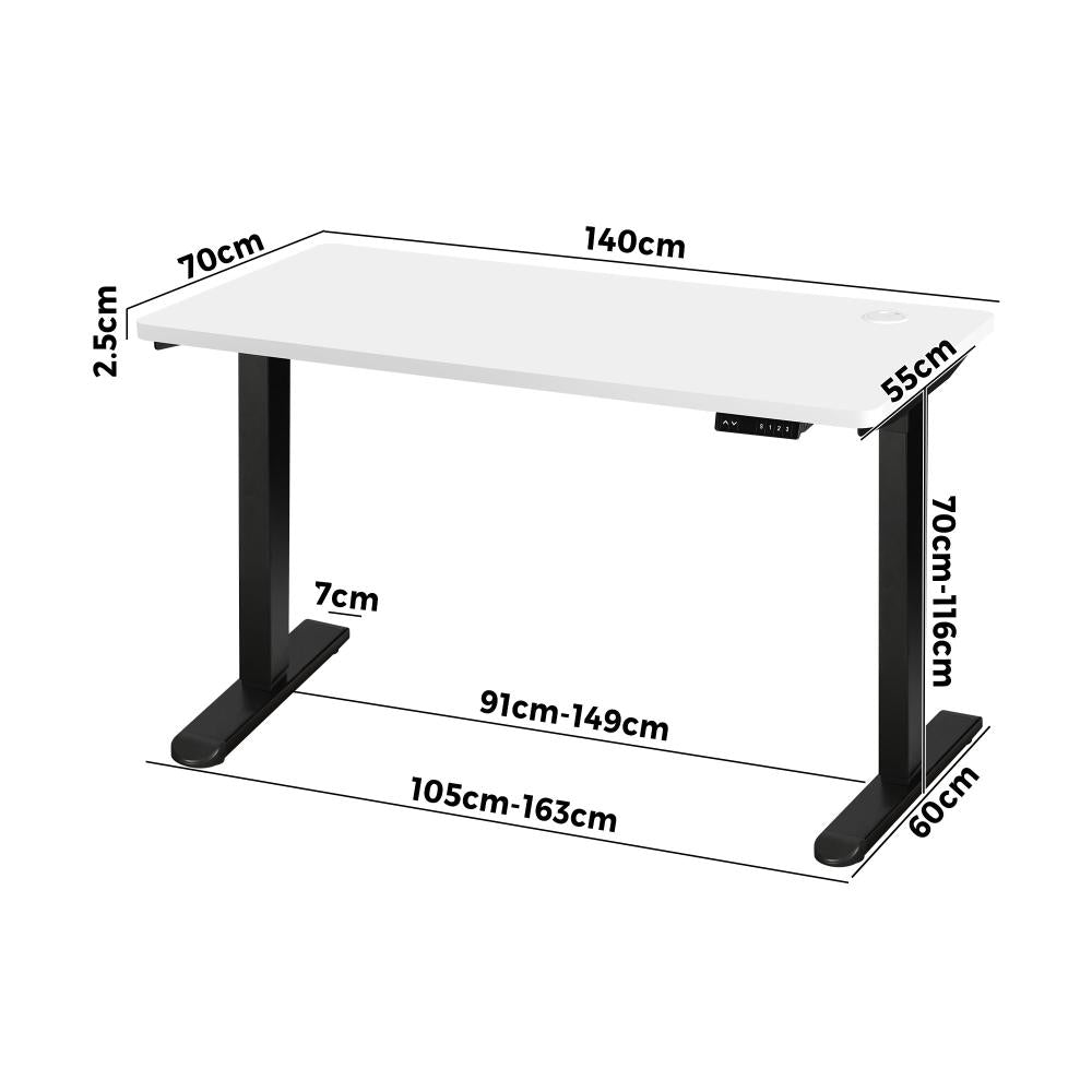 Oikiture Standing Desk Electric Height Adjustable Motorised Sit Stand Desk Rise - Black/White - 1400mm x 700mm-Standing Desks-PEROZ Accessories