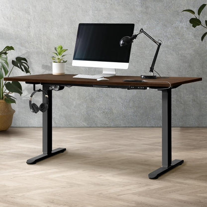Oikiture Standing Desk Electric Height Adjustable Motorised Sit Stand Desk Rise - Black/Walnut - 1400mm x 700mm-Office Desks-PEROZ Accessories