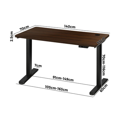 Oikiture Standing Desk Electric Height Adjustable Motorised Sit Stand Desk Rise - Black/Walnut - 1400mm x 700mm-Standing Desks-PEROZ Accessories
