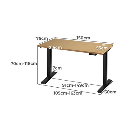 Oikiture Standing Desk Electric Height Adjustable Motorised Sit Stand Desk Rise - Black/Oak - 1500mm x 750mm-Standing Desks-PEROZ Accessories