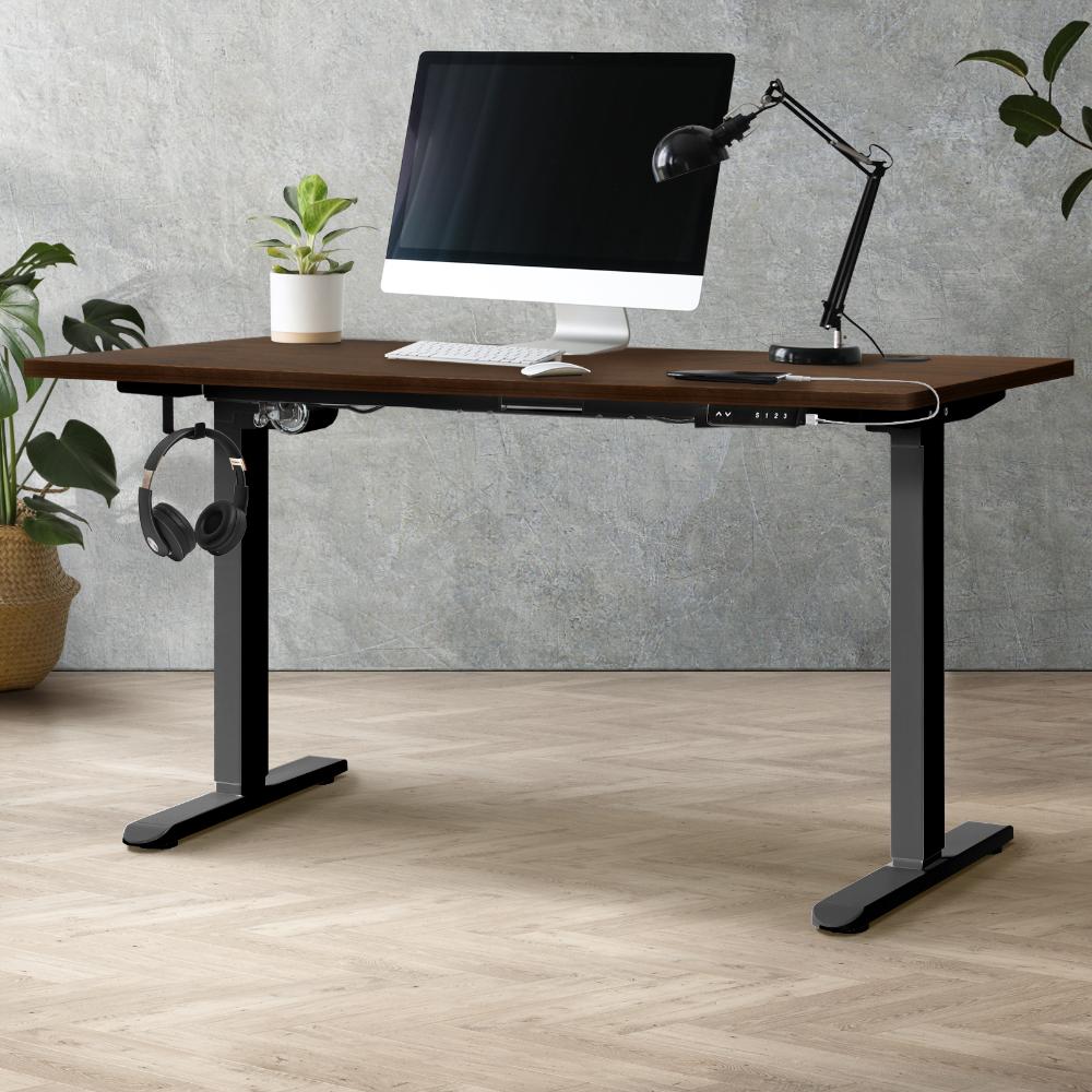 Oikiture Standing Desk Electric Height Adjustable Motorised Sit Stand Desk Rise - Black/Walnut - 1500mm x 750mm-Standing Desks-PEROZ Accessories