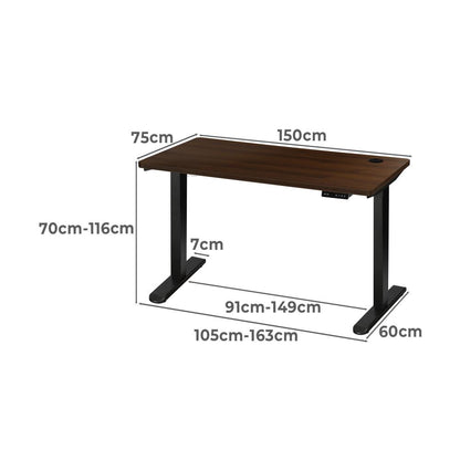 Oikiture Standing Desk Electric Height Adjustable Motorised Sit Stand Desk Rise - Black/Walnut - 1500mm x 750mm-Standing Desks-PEROZ Accessories