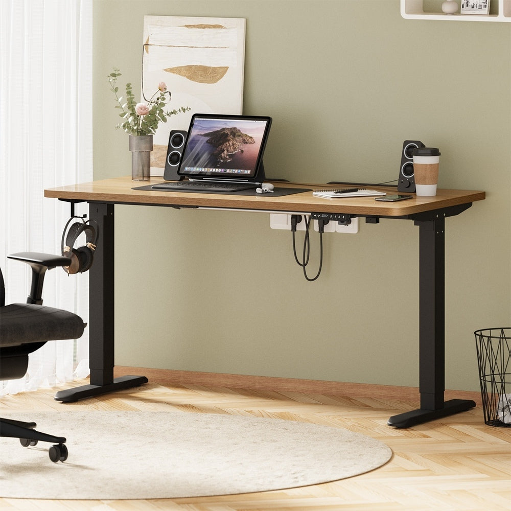 Oikiture Standing Desk Wireless Charging Single Motor 140CM Black &amp; Oak