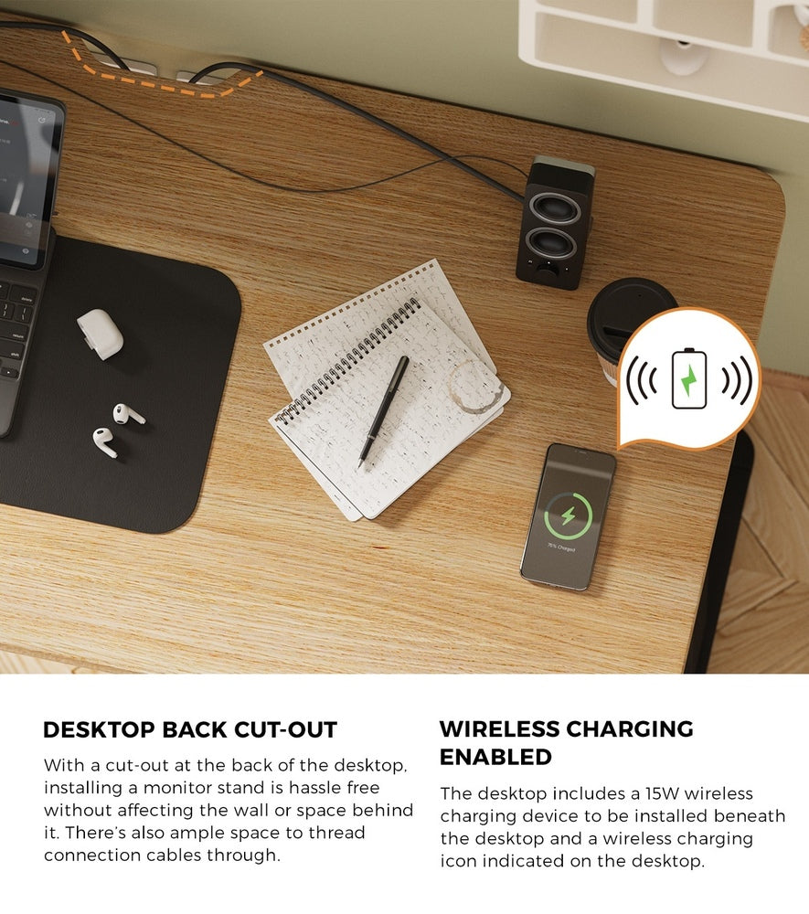 Oikiture Standing Desk Wireless Charging Single Motor 140CM Black &amp; Oak