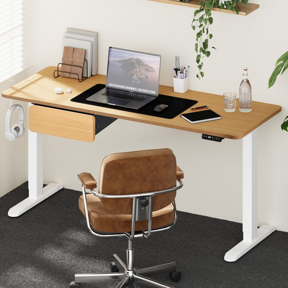 Oikiture 160cm Electric Standing Desk w/ Drawer Adjustable Oak White-Standing Desk-PEROZ Accessories