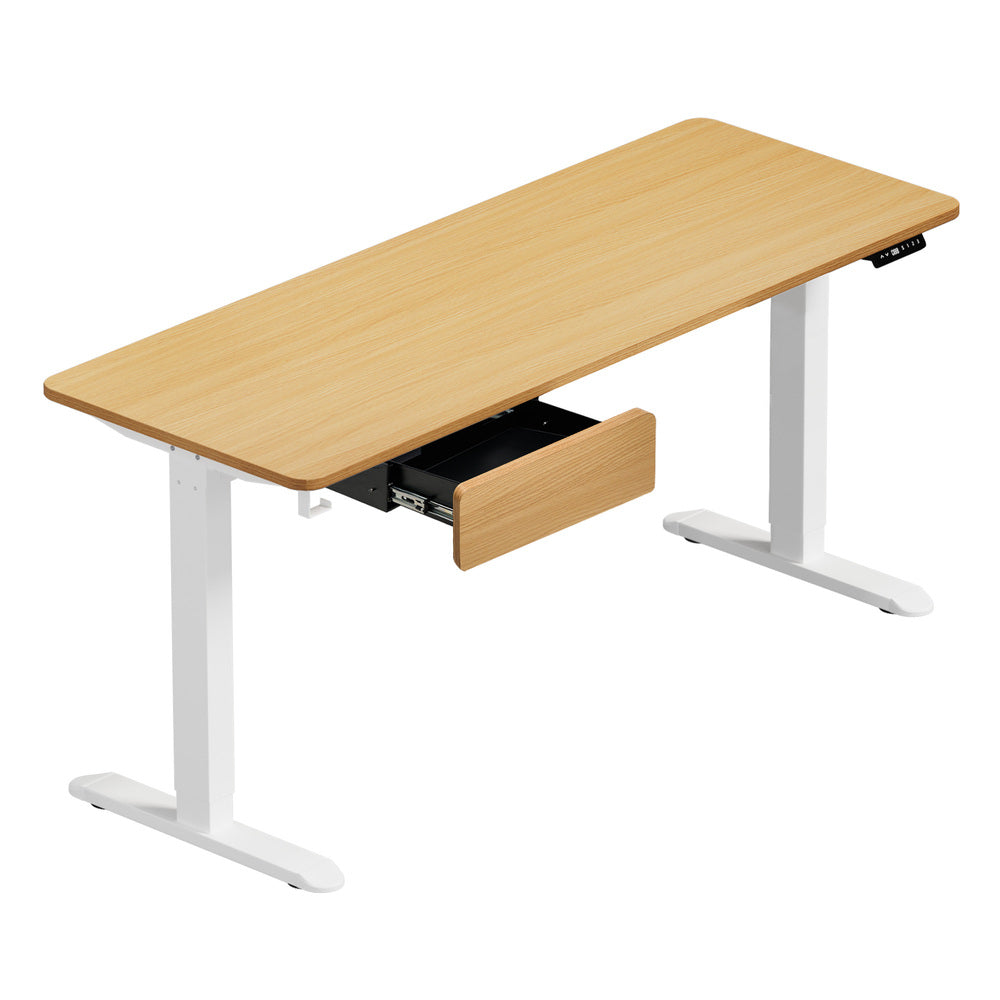 Oikiture 160cm Electric Standing Desk w/ Drawer Adjustable Oak White-Standing Desk-PEROZ Accessories