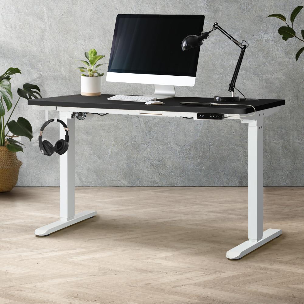 Oikiture Standing Desk Electric Height Adjustable Motorised Sit Stand Desk Rise - White/Black - 1200mm x 600mm-Standing Desks-PEROZ Accessories