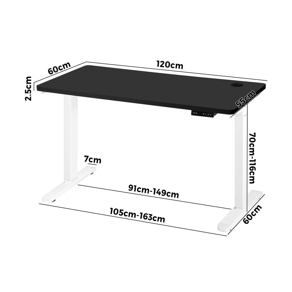 Oikiture Standing Desk Electric Height Adjustable Motorised Sit Stand Desk Rise - White/Black - 1200mm x 600mm-Standing Desks-PEROZ Accessories