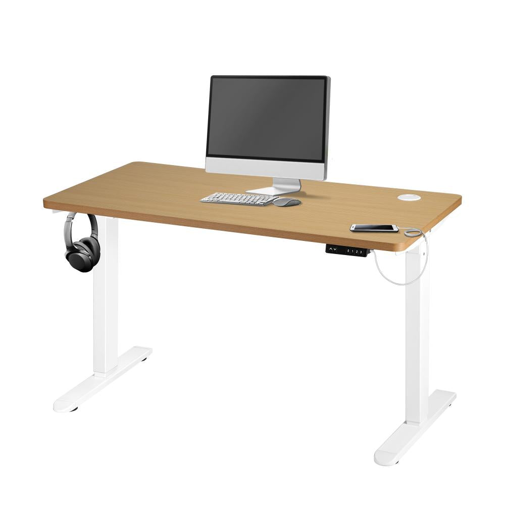 Oikiture Standing Desk Electric Height Adjustable Motorised Sit Stand Desk Rise - White/Oak - 1200mm x 600mm-Standing Desks-PEROZ Accessories