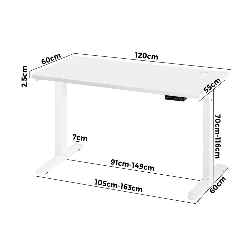 Oikiture Standing Desk Electric Height Adjustable Motorised Sit Stand Desk Rise - White/White - 1200mm x 600mm-Standing Desks-PEROZ Accessories