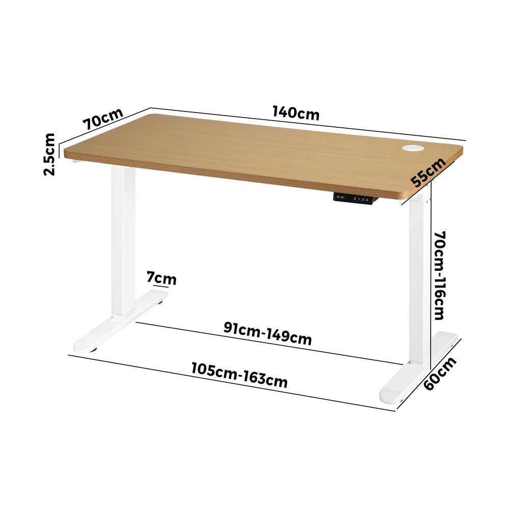 Oikiture Standing Desk Electric Height Adjustable Motorised Sit Stand Desk Rise - White/Oak - 1400mm x 700mm-Standing Desks-PEROZ Accessories