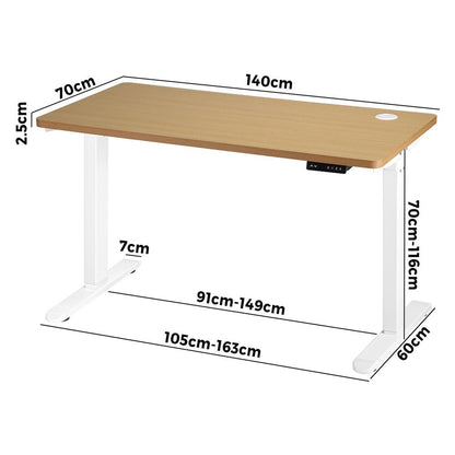 Oikiture Standing Desk Electric Height Adjustable Motorised Sit Stand Desk Rise - White/Oak - 1400mm x 700mm-Office Desks-PEROZ Accessories