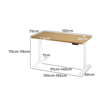 Oikiture Standing Desk Electric Height Adjustable Motorised Sit Stand Desk Rise - White/Oak - 1500mm x 750mm-Standing Desks-PEROZ Accessories