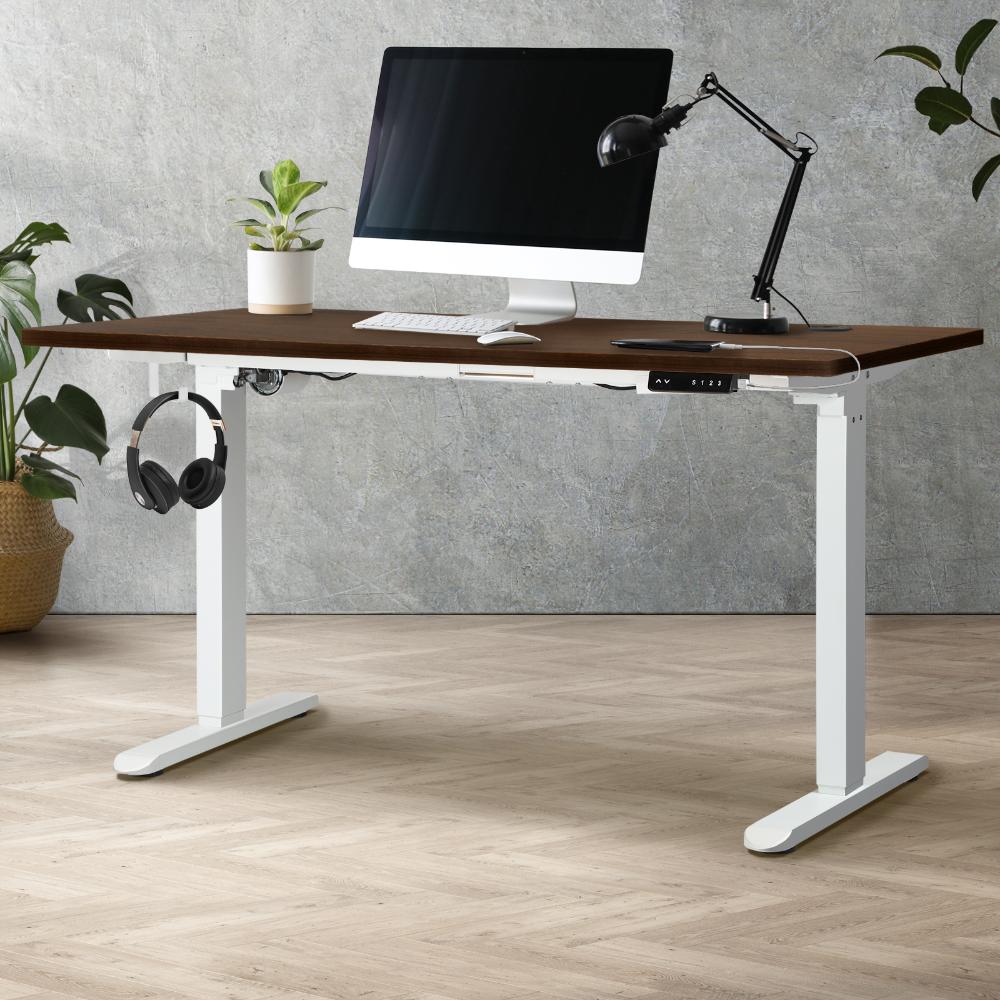 Oikiture Standing Desk Electric Height Adjustable Motorised Sit Stand Desk Rise - White/Walnut - 1500mm x 750mm-Standing Desks-PEROZ Accessories