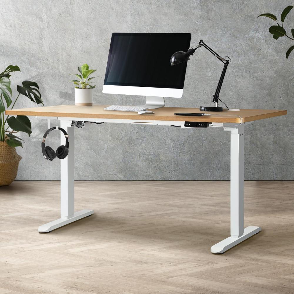 OIKITURE Sit Stand Desk Motorised Standing Desk Adjustable Table 160cm Lenght White and Oak-Standing Desk-PEROZ Accessories