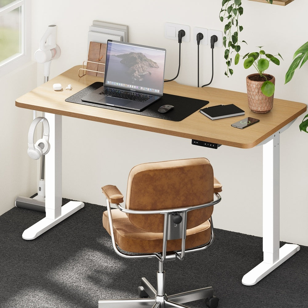 Oikiture Standing Desk Wireless Charging Single Motor 140CM White &amp; Oak