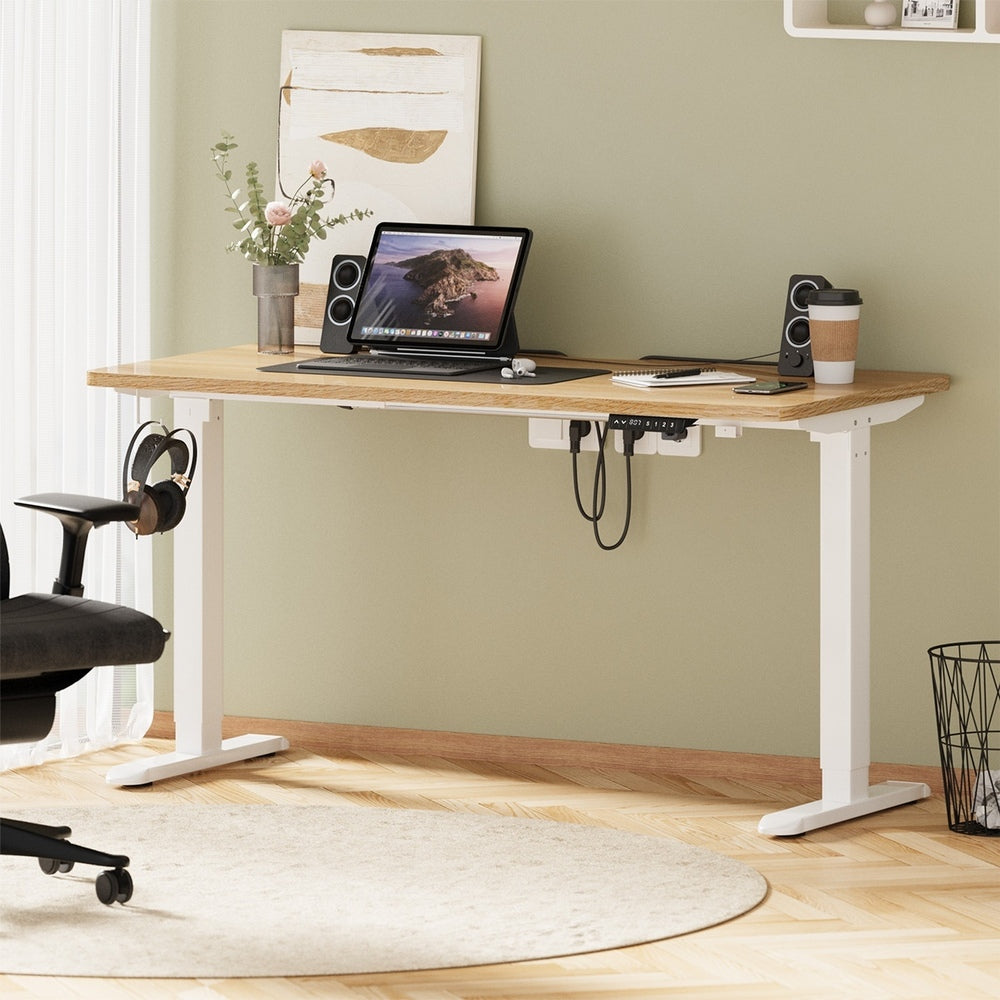 Oikiture Standing Desk Wireless Charging Single Motor 140CM White &amp; Oak