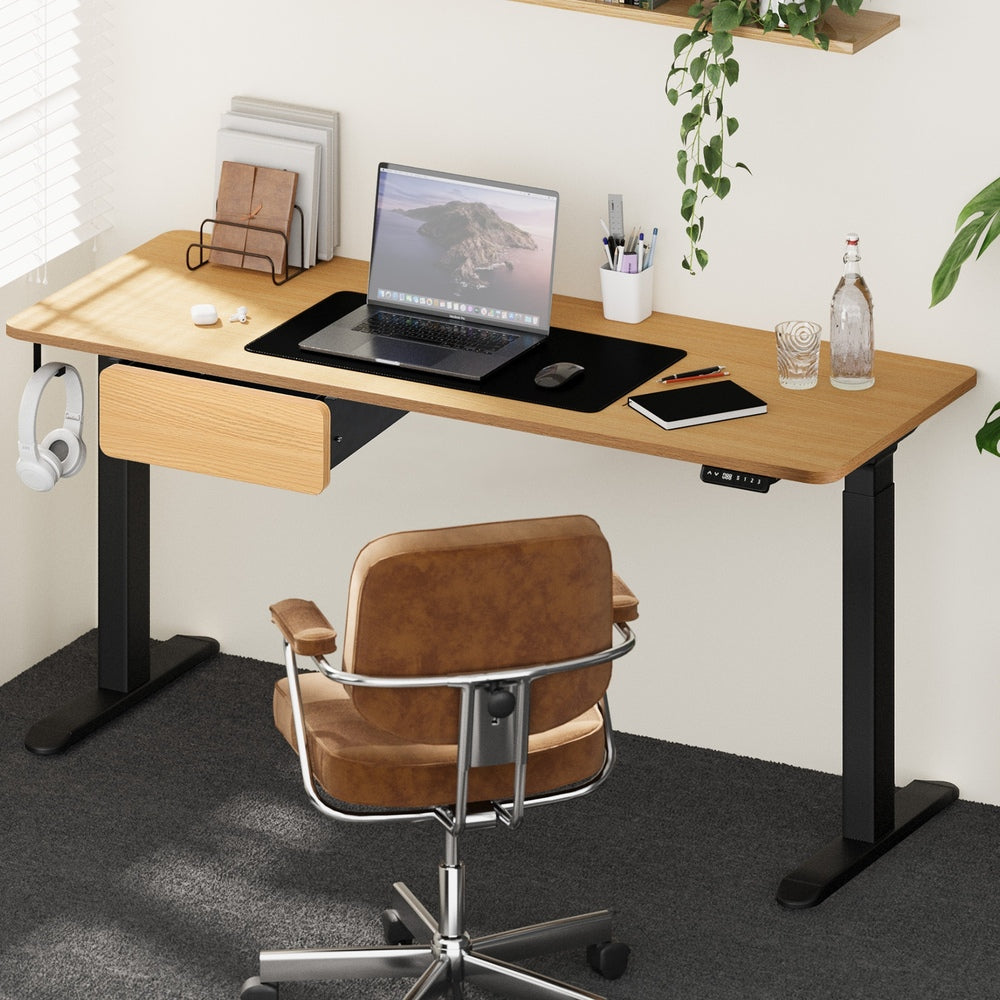 Oikiture 160cm Electric Standing Desk with Drawer Adjustable Oak Black-Standing Desk-PEROZ Accessories