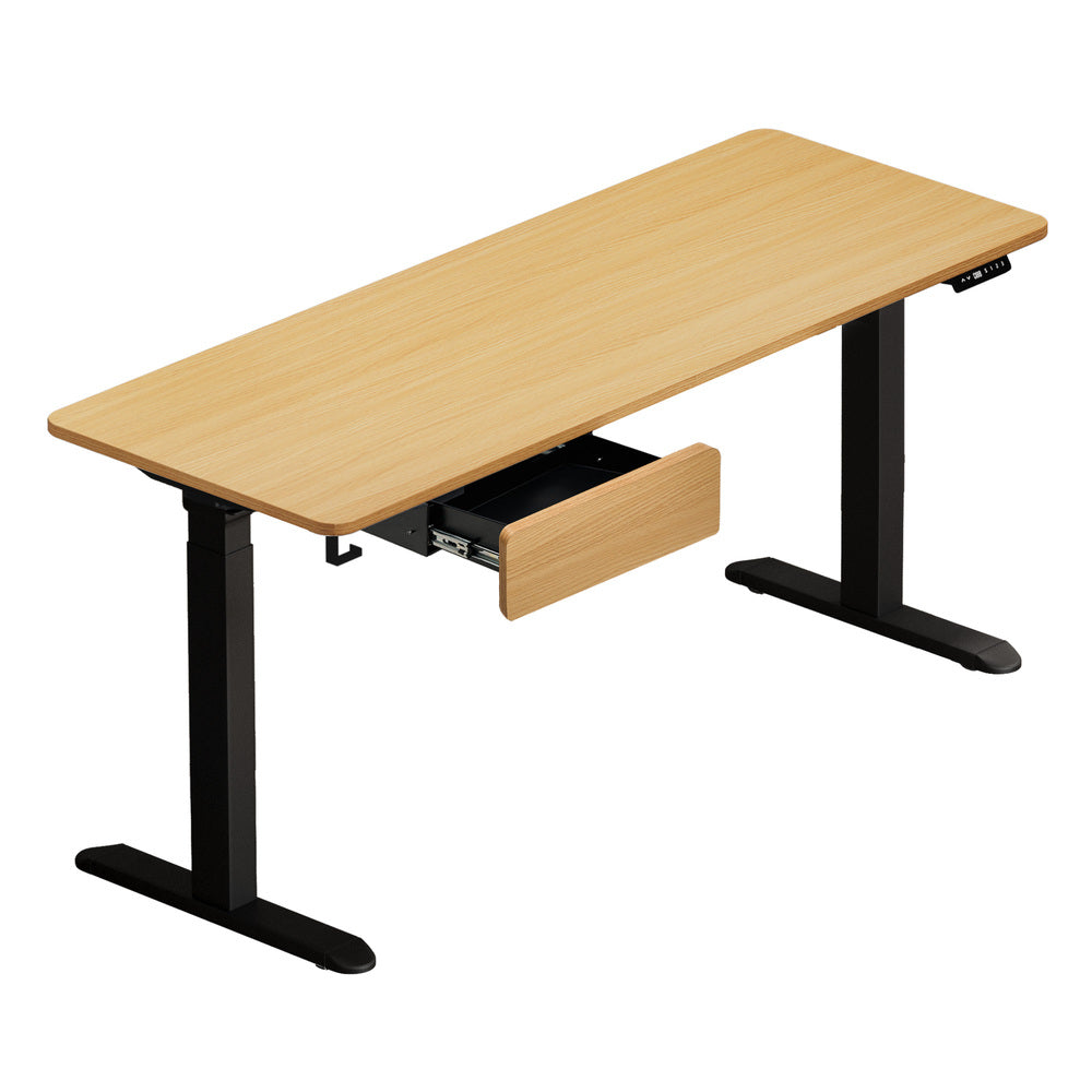 Oikiture 160cm Electric Standing Desk with Drawer Adjustable Oak Black-Standing Desk-PEROZ Accessories