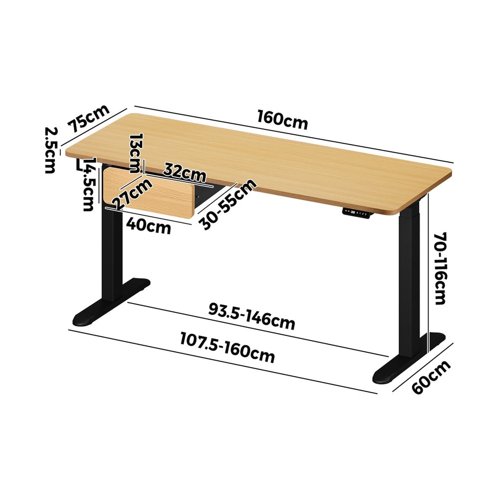 Oikiture 160cm Electric Standing Desk with Drawer Adjustable Oak Black-Standing Desk-PEROZ Accessories