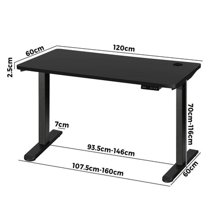 Oikiture Standing Desk Dual Motor Electric Height Adjustable Sit Stand Table - Black/Black - 1200mm x 600mm-Office Desks-PEROZ Accessories