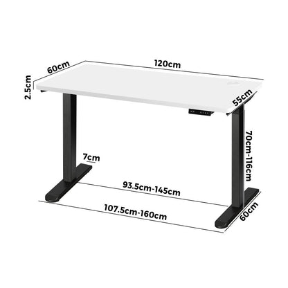 Oikiture Standing Desk Dual Motor Electric Height Adjustable Sit Stand Table - Black/White - 1200mm x 600mm-Standing Desks-PEROZ Accessories